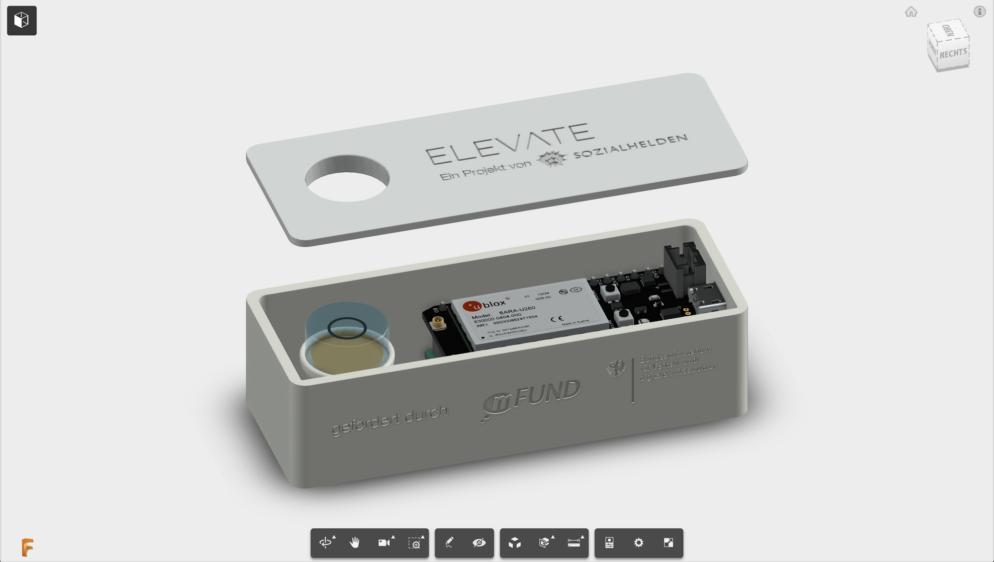 3D rendering of a hardware sensor. A white casing with an open lid reveals a view on the sensor's circuitry.