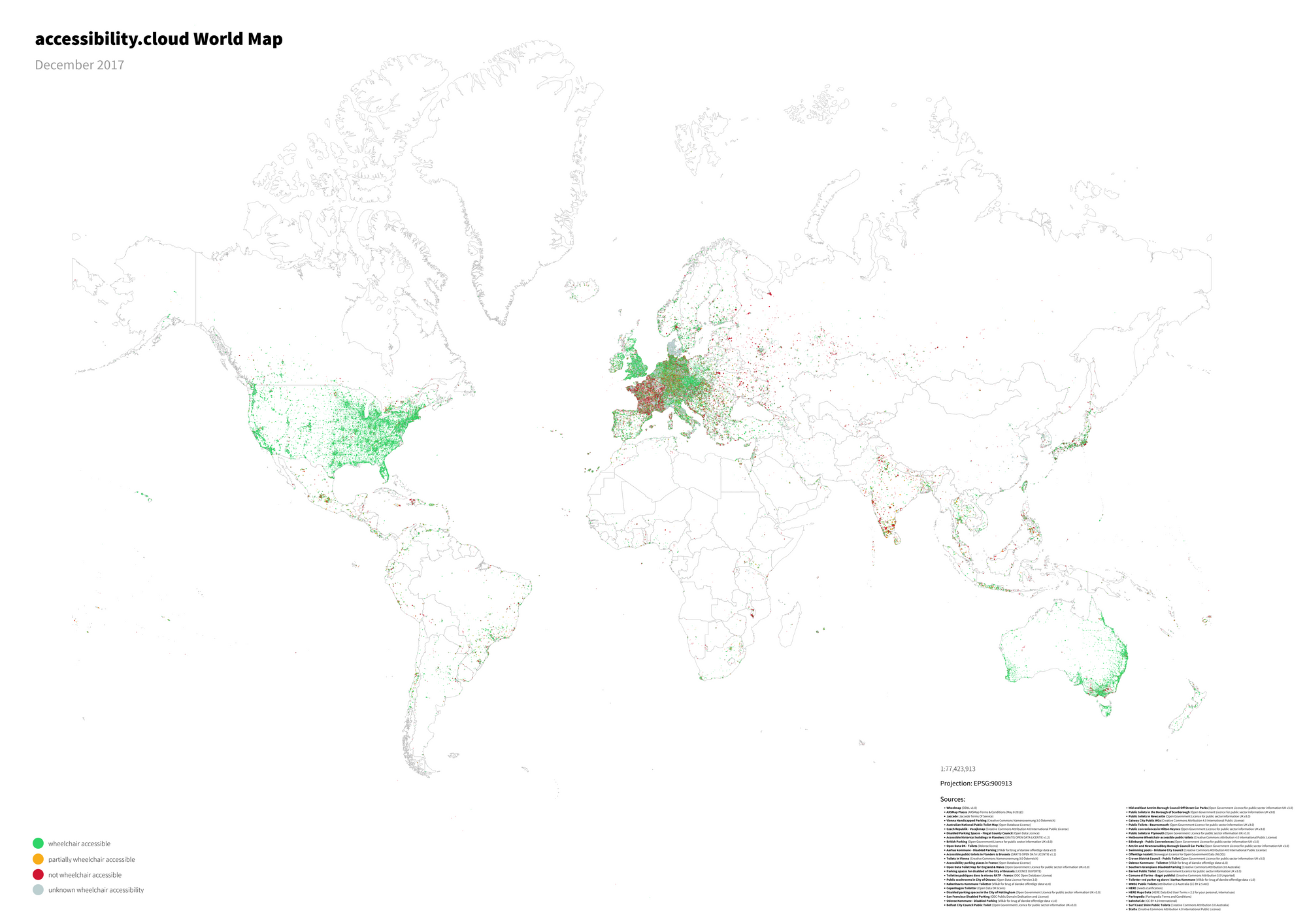 A world map showing accessible and inaccessible places all over the world, sourced from accessibility.cloud.