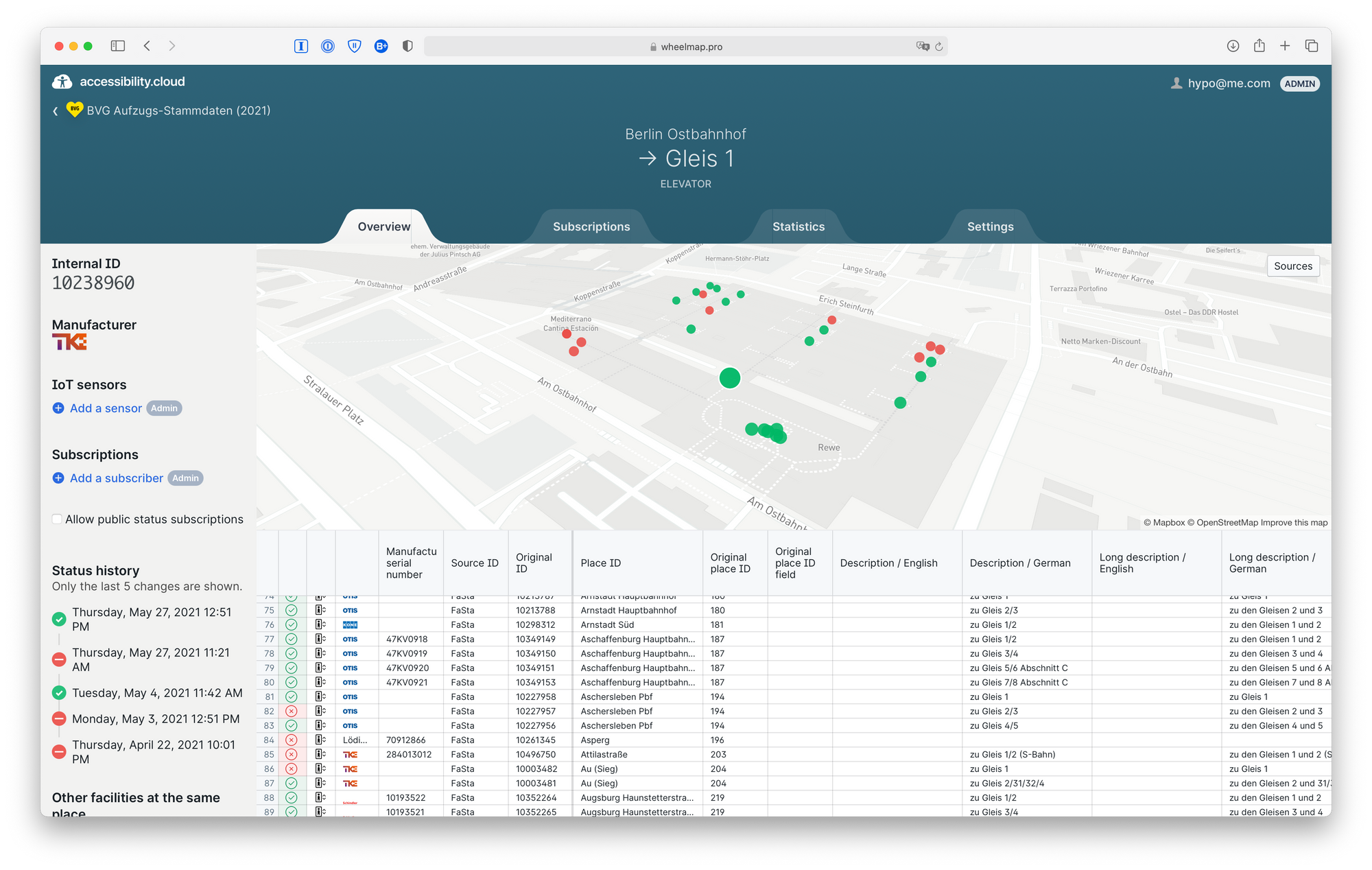 A web dashboard showing a selected elevator on a map, a table view with more elevators, and a history of the elevators operational status.