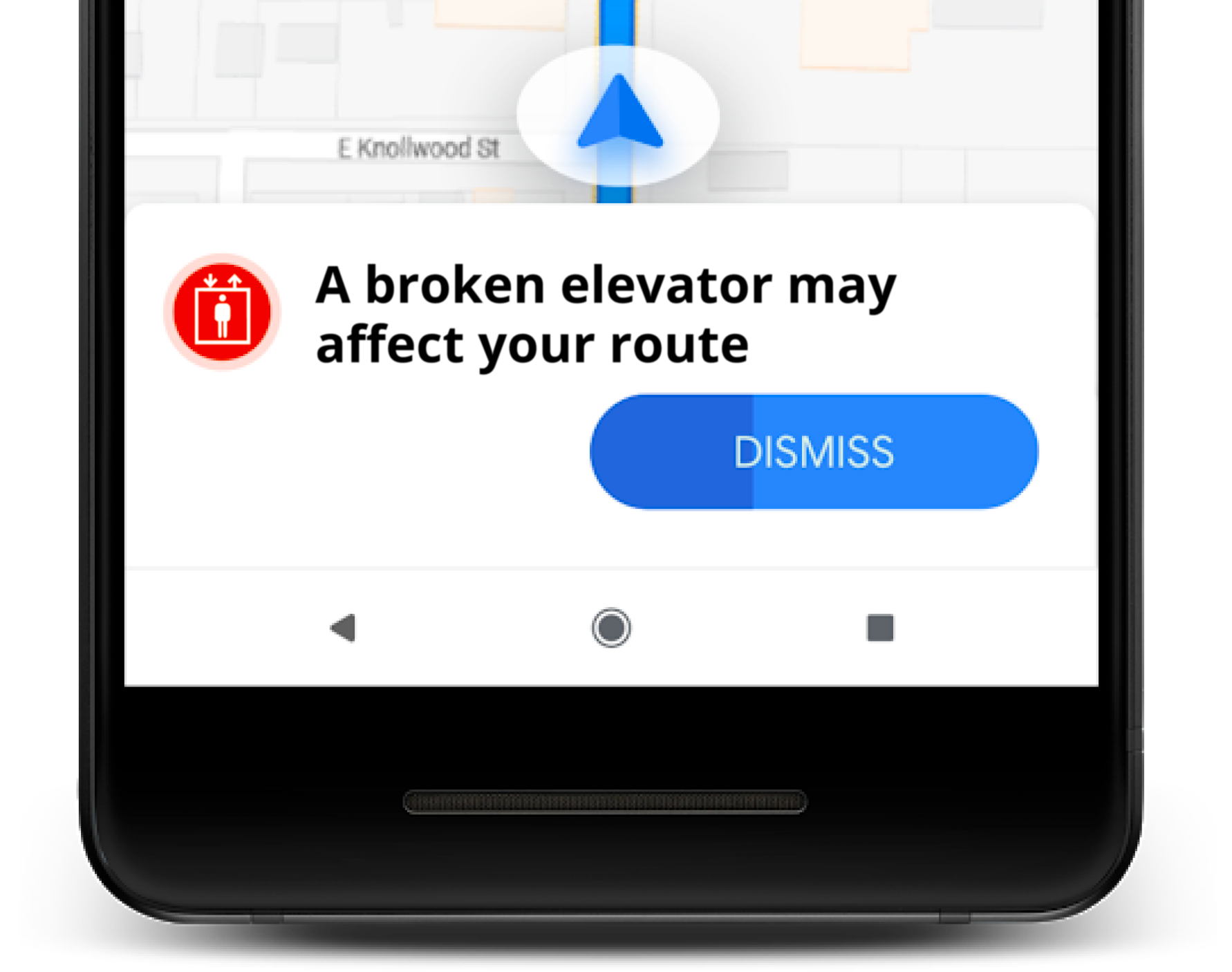 A notification in Google Maps featuring an elevator icon and says: "A broken elevator may affect your route". The notification looks similar to existing traffic jam notifications.