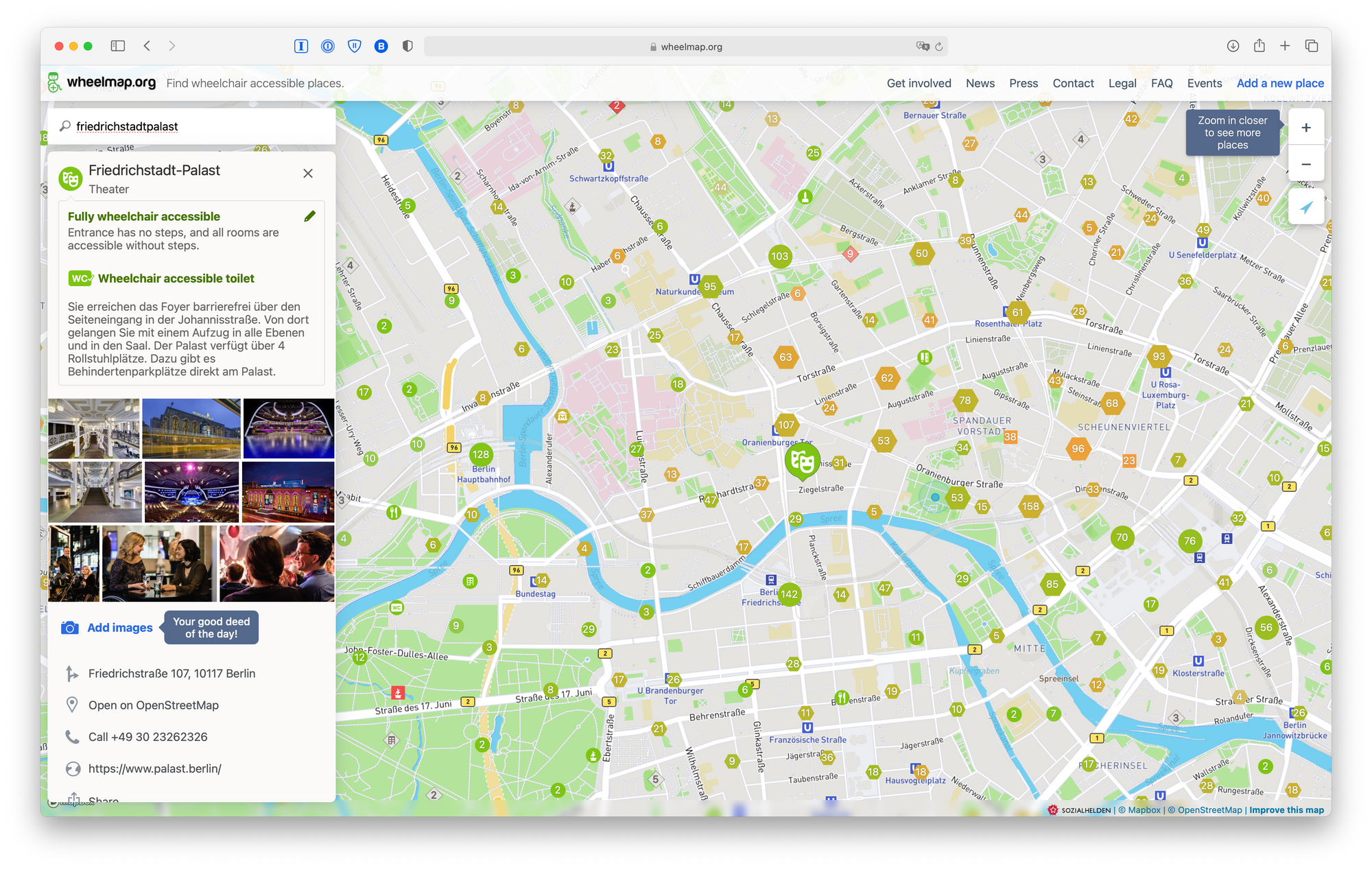 Wheelmap.org on a desktop browser, showing details about a a varieté theater in Berlin.