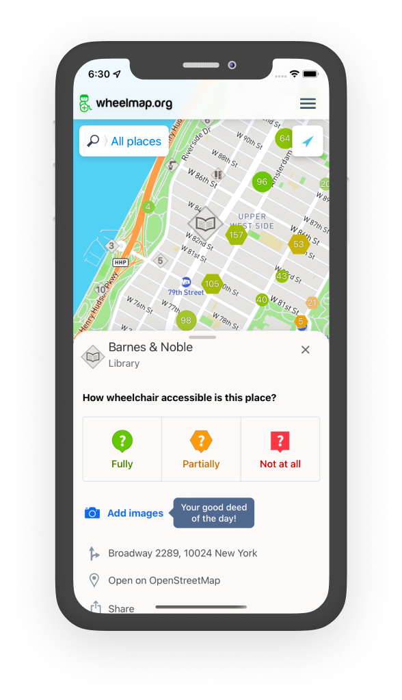 A dialog to rate the wheelchair accessibility of a Barnes & Noble in New York city, opened in Wheelmap.