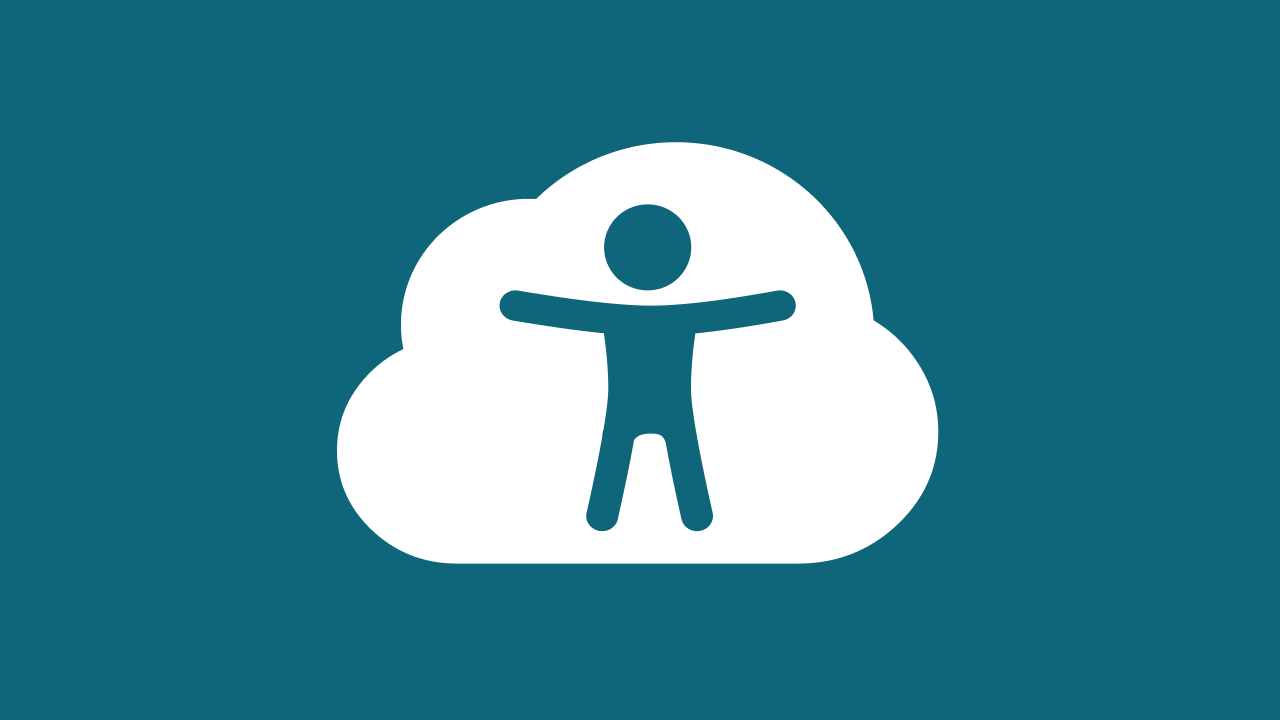 A stylized icon of a person standing with spread arms. The person is inside a stylized cloud.