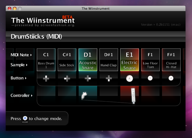 A Nintendo Wiimote controller used as air drumsticks. The screenshot shows an assignment of buttons to MIDI notes.