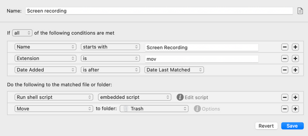 Hazel app showing file processing rules that encode a screen recording as mp4 after saving