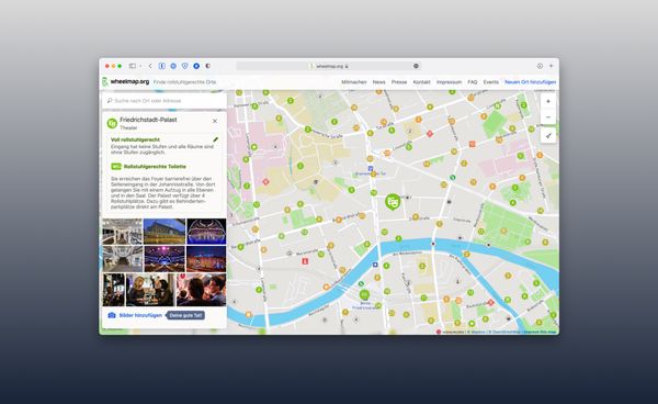 Wheelmap.org app in a desktop browser, showing details about a a varieté theater in Berlin.